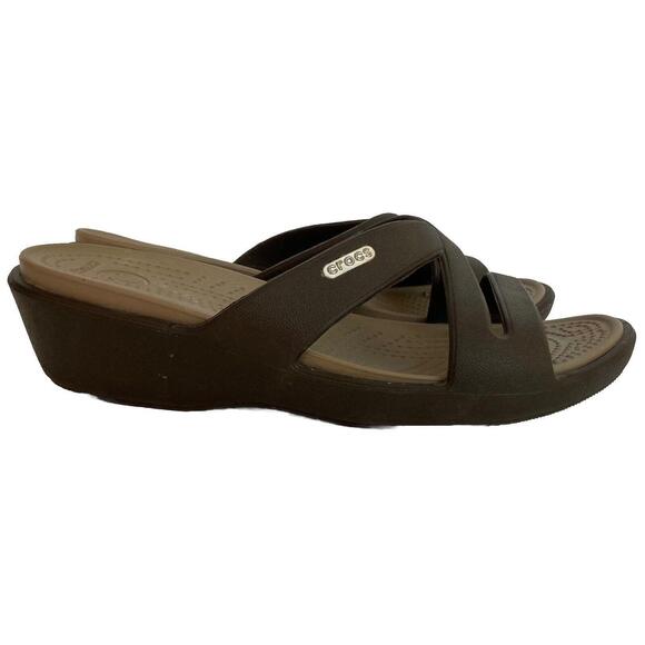 Crocs Patricia II Wedge Slide Sandals Womens 7 Brown Slip On Strappy Shoes - Picture 2 of 10